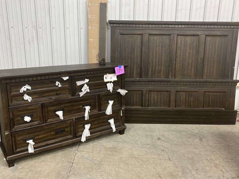AS IS KING SIZE HEADBOARD, FOOTBOARD, RAILS & DRESSER Earl's