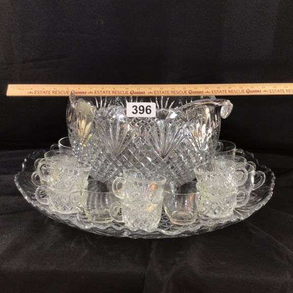 20 Piece Large Cut Glass Punch Bowl with Cups Estate Rescue Queens