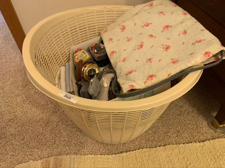 Basket Containing Vintage Electric Heating Pad, Vintage Travel Alarm