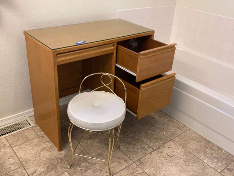 Wooden Desk Glass Top w/ Stool Estate Details