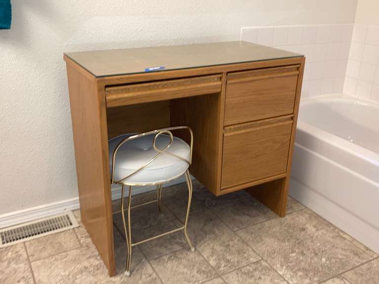 Wooden Desk Glass Top w/ Stool Estate Details