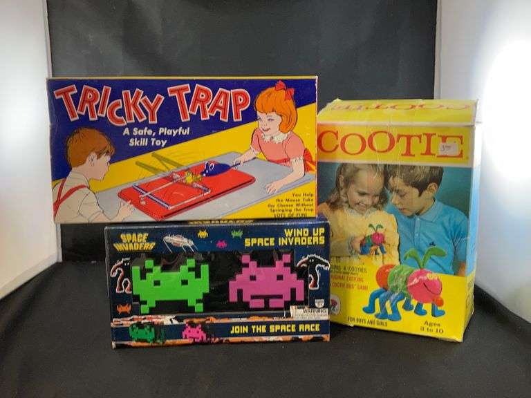 (3) Vintage Toys Cootie, Wind Up Space Invaders, Tricky Trap Estate