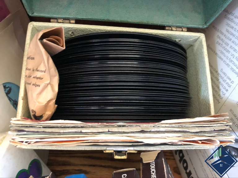 Assortment of Vintage Records, Disc Washer, 88 Track Cassette, & 7