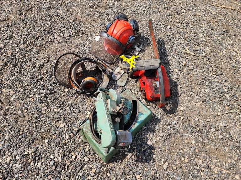 Homelite Chainsaw (Needs Tuneup), and Chainsaw Sharpener, Extra Chains