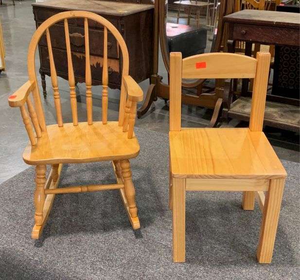 Two Children’s Chairs, pine straight chair, and Armed Rocking Chair