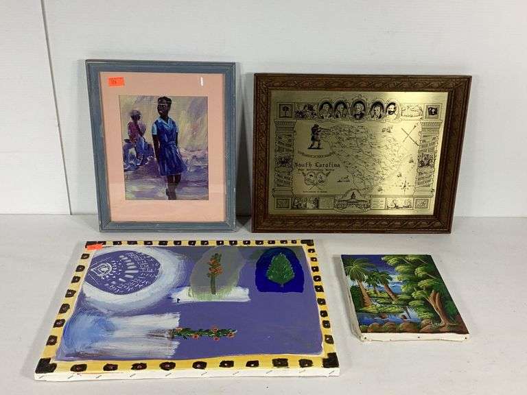 4 Wall Decor Pieces, 2 Framed, 2 on canvas, sizes range from 10”x8” 20