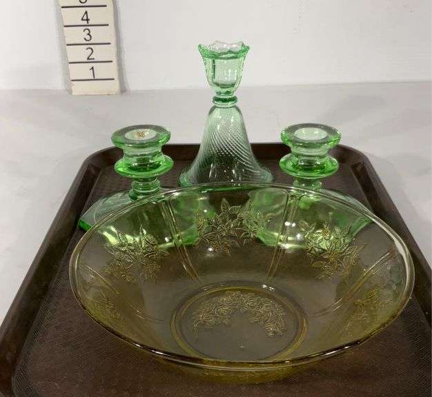 Depression glass, includes yellow bowl, and three green candlestick