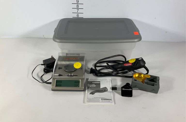 Lyman digital scale, electric engraver, and 12 quart tote with lid