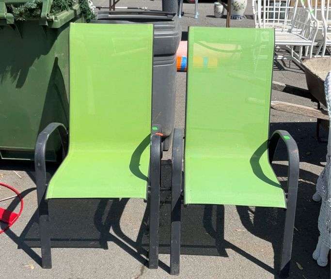 Pair of outdoor chairs, aluminum framed green breathable mesh seating