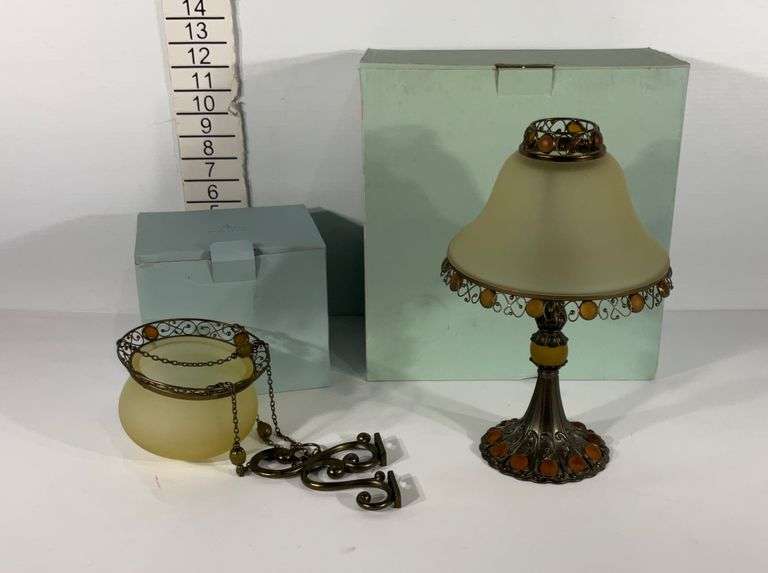 Party lite candle holders, lamp and hanging lamp, both include boxes