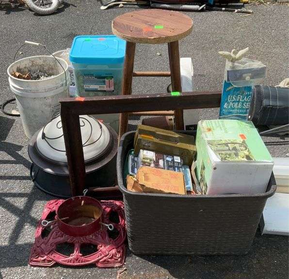 Wood frame and wood barstool, Christmas tree stands, etc. Hash Auctions