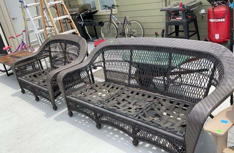 3 seat and 2 seat poly wicker patio sofas no cushions Hash Auctions