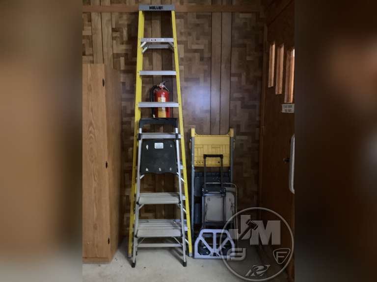 KELLER 8’ FIBERGLASS LADDER, (2) 2 STEP LADDERS, METAL CHAIR, Jeff