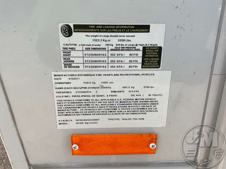 2012 HEARTLAND RV BIGHORN VIN 5SFBG3825CE238507 FIFTH WHEEL CAMPER