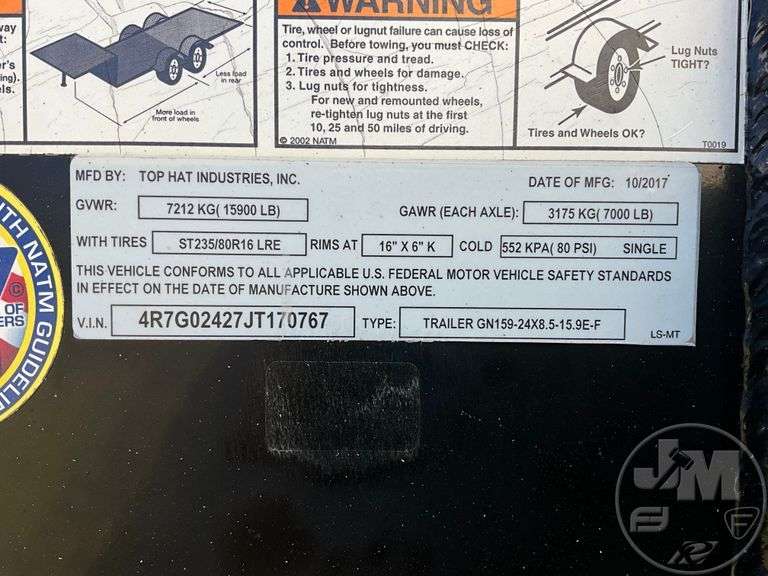 2018 TOP HAT INDUSTRIES TOP HAT INDUSTRIES VIN 4R7G02427JT170767 S/A