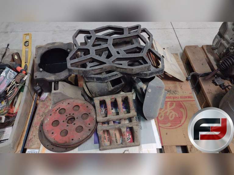 WELDING HELMETS, FLYWHEELS, WHEEL CHALKS, COPPER TUBING, OLD TOOL BOX