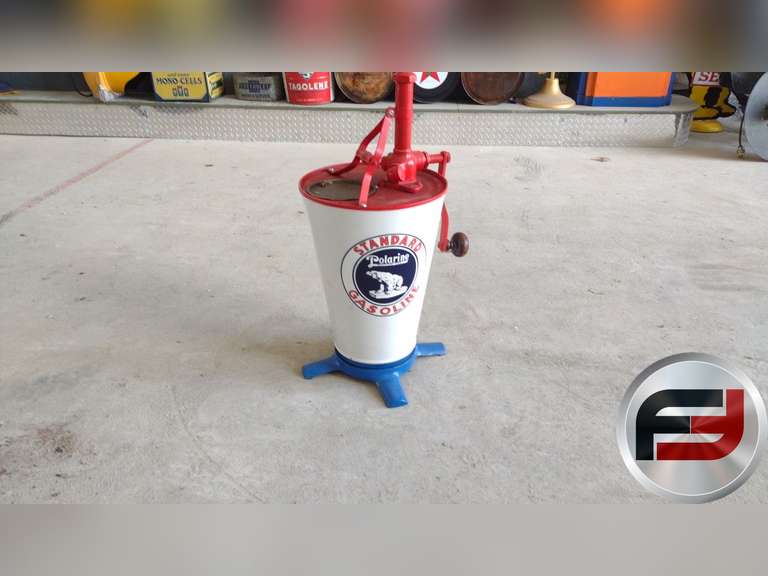 VINTAGE GEAR OIL DISPENSER, STANDARD GASOLINE/POLARINE MOTOR OIL