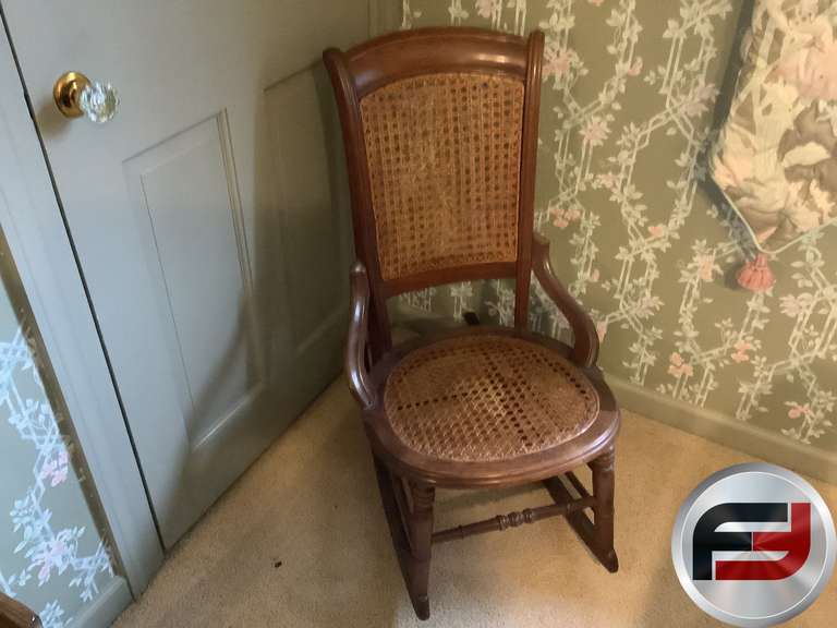 ANTIQUE CANE BOTTOM ROCKING CHAIR AND 2 REGULAR CHAIRS Freije