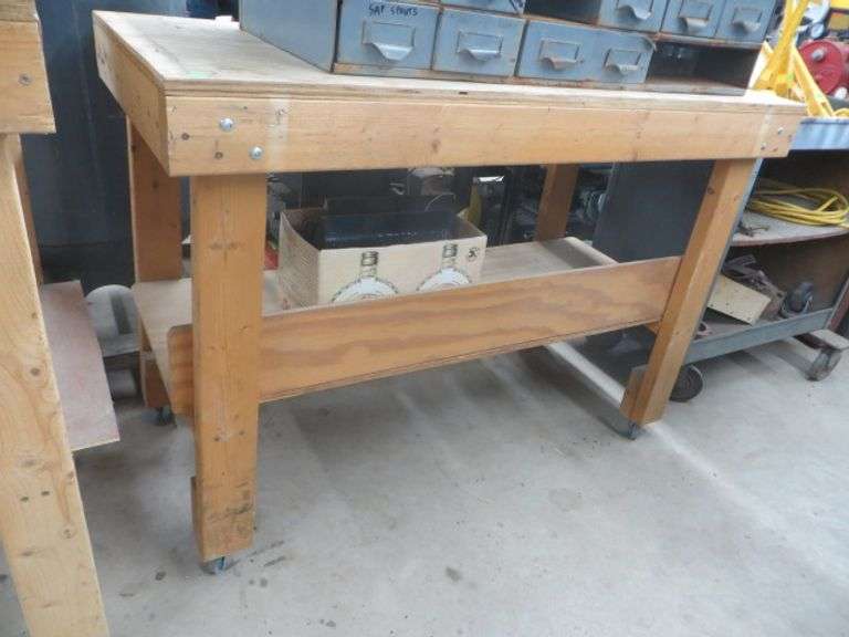 Small Wooden Work Bench On Wheels Lambrecht Auction, Inc.