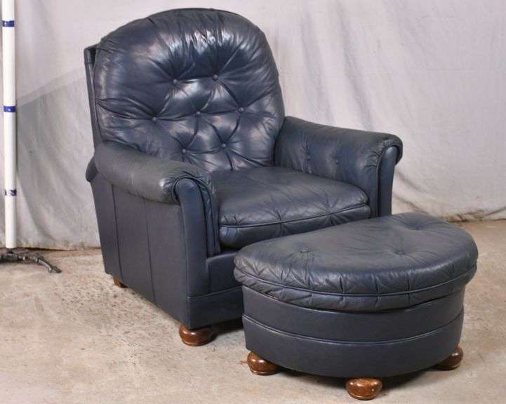 BradingtonYoung blue leather reclining armchair with ottoman; 3362153