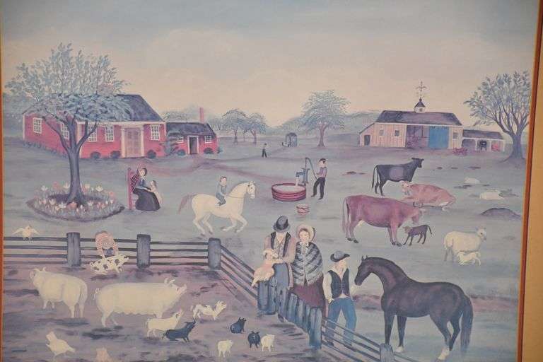 Framed folk art farm scene print; 1130010 R.H. Lee & Co. Auctioneers