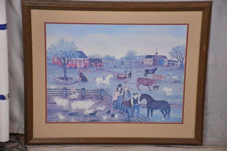 Framed folk art farm scene print; 1130010 R.H. Lee & Co. Auctioneers