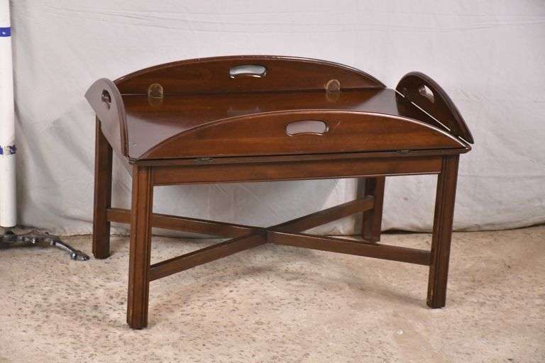 Ethan Allen cherry butler's tray style coffee table with "x" stretcher