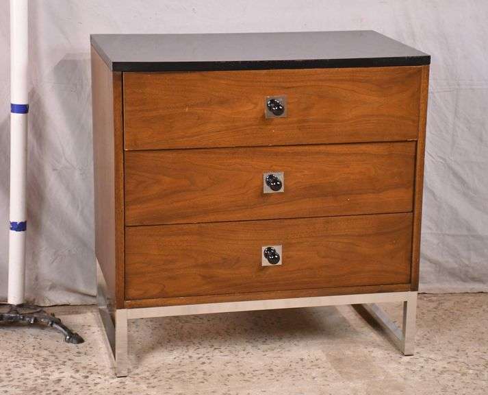 Thomasville walnut 3 drawer bachelor's chest with silver metal base; 74