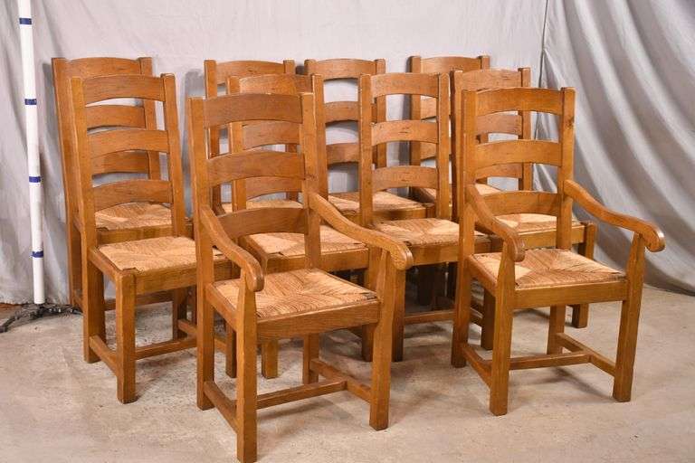 Set of 10 distressed ladder back chairs with rush seats; 558354B R.H