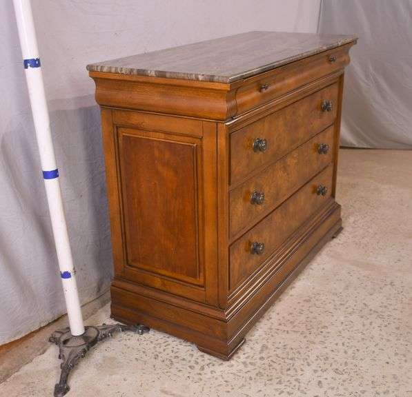 Ethan Allen cherry & burl elm 4 drawer bachelor's chest with marble top; 682734C R.H. Lee