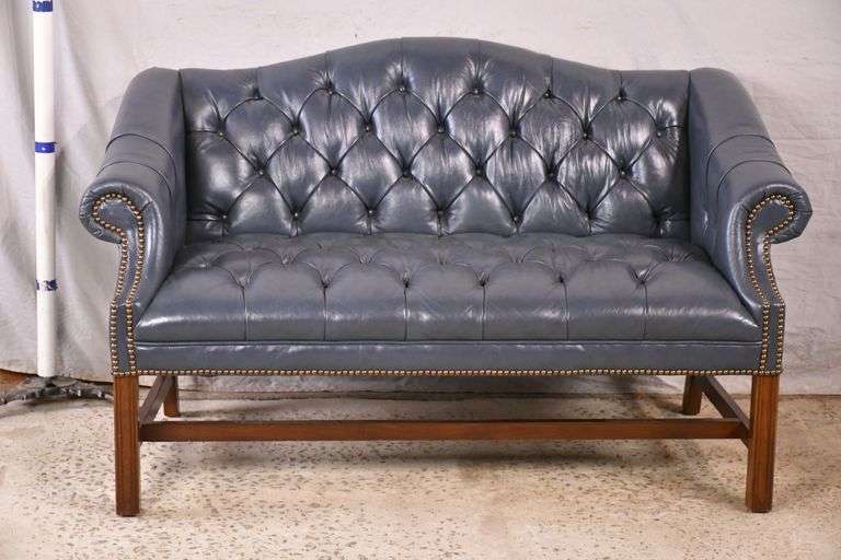 Fairfield Chair Co. blue leather Chippendale style camel back loveseat