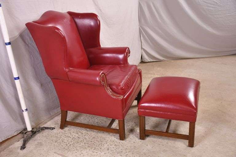 North Hickory Furniture Co. red leather wingback armchair with ottoman