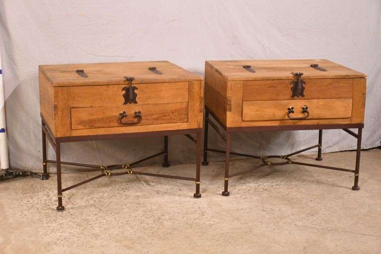 Pair of iron and pine lifttop single drawer end tables; 749586 R.H
