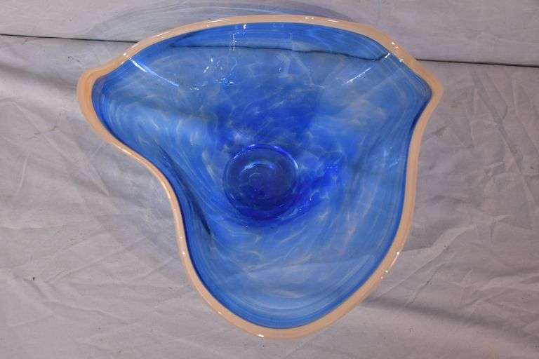 One Eared Cow blue unique shaped art glass bowl; 13881G054 R.H. Lee