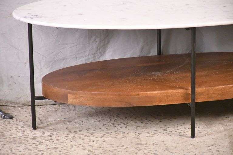 Oval marble top 2 tier modern style coffee table with iron legs; 52455