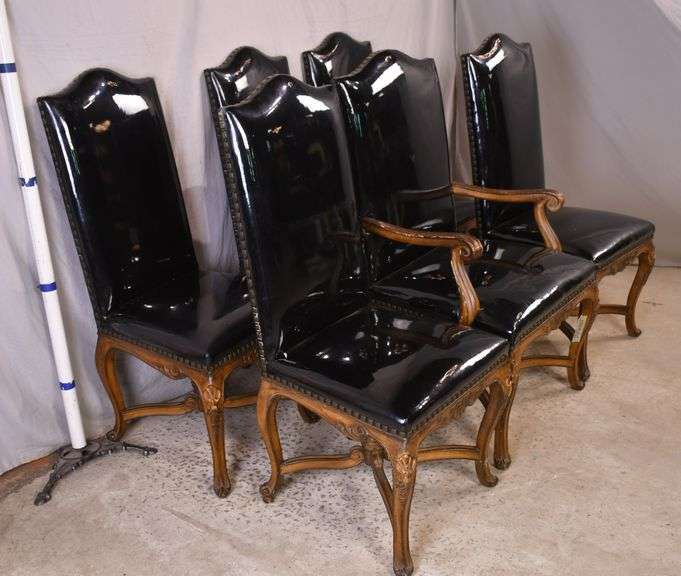 Set of 6 carved French style dining chairs with shiny black vinyl seats