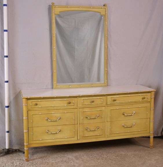 Thomasville yellow canecut 9 drawer triple dresser with mirror; 55