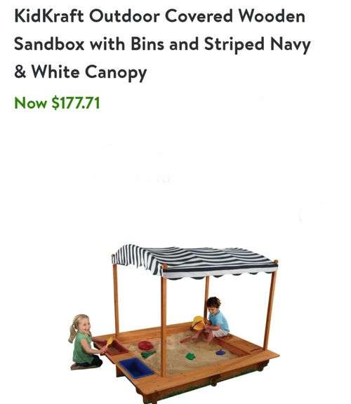 KidKraft Covered Wooden Sandbox with Bins & Striped Navy/White Canopy