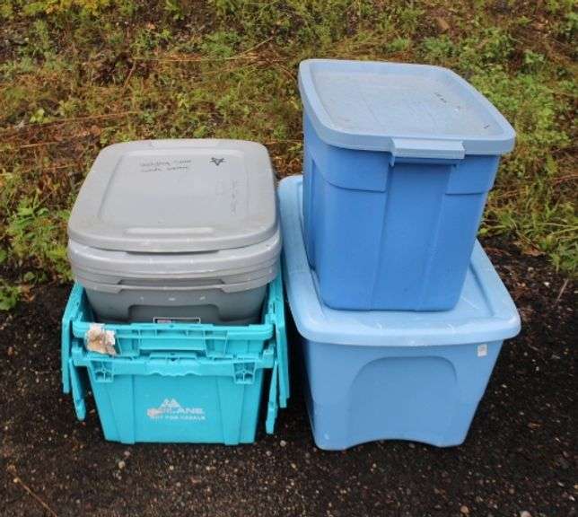 7 various plastic totes w/lids Lee Real Estate & Auction Service
