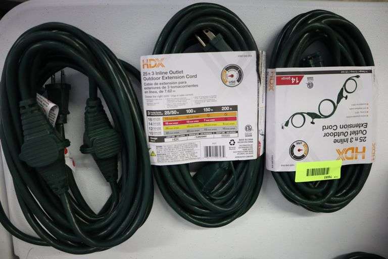 (3) HDX 25' 3 Inline Outlet Outdoor Extension Cord Matthews Auctioneers