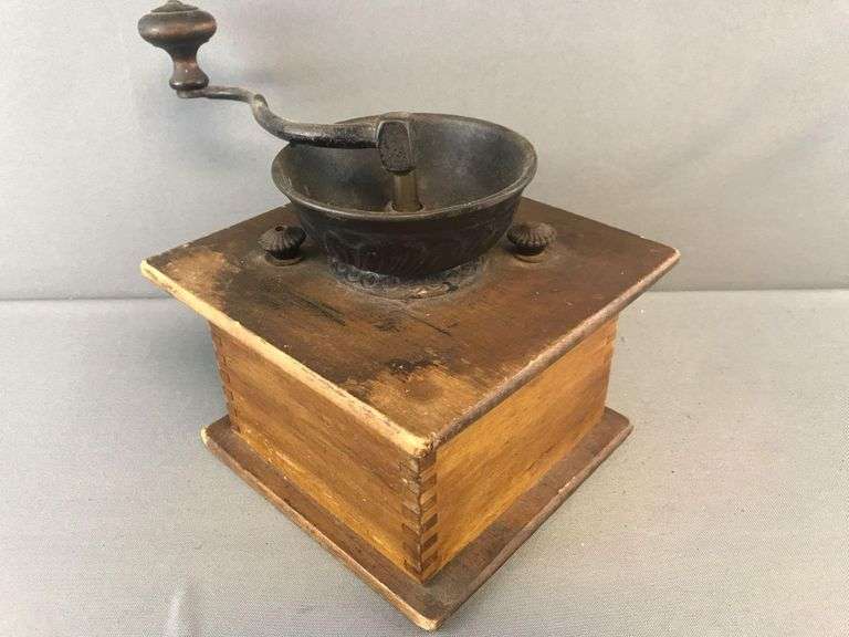 Antique cast iron and wood coffee grinder Matthew Bullock Auctioneers