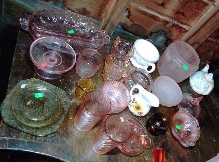 Pink depression glass assortment, pink satin bowls, McCoy creamer, Tracy Porter cup and teapot