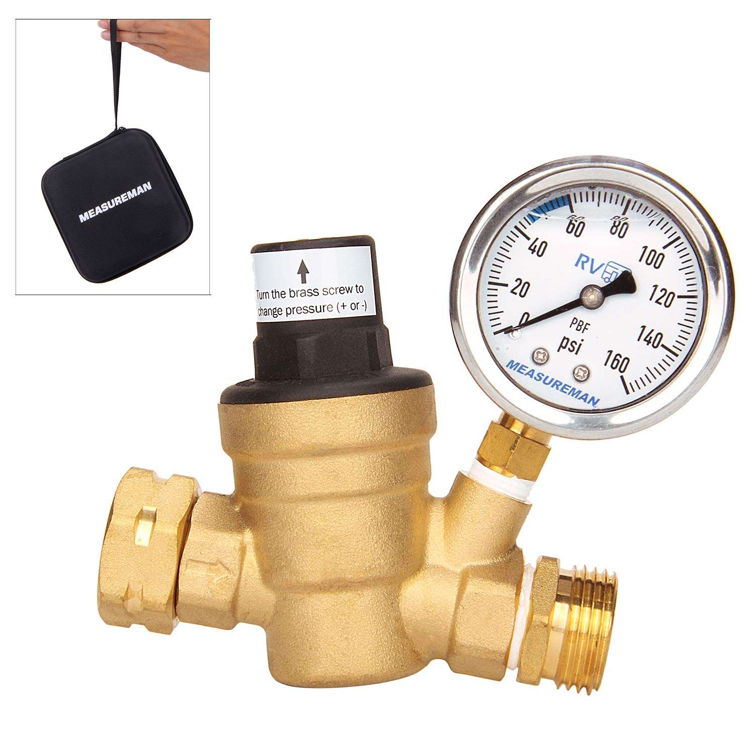 Measureman Adjustable Brass Lead Free RV Pressure Regulator, Pressure