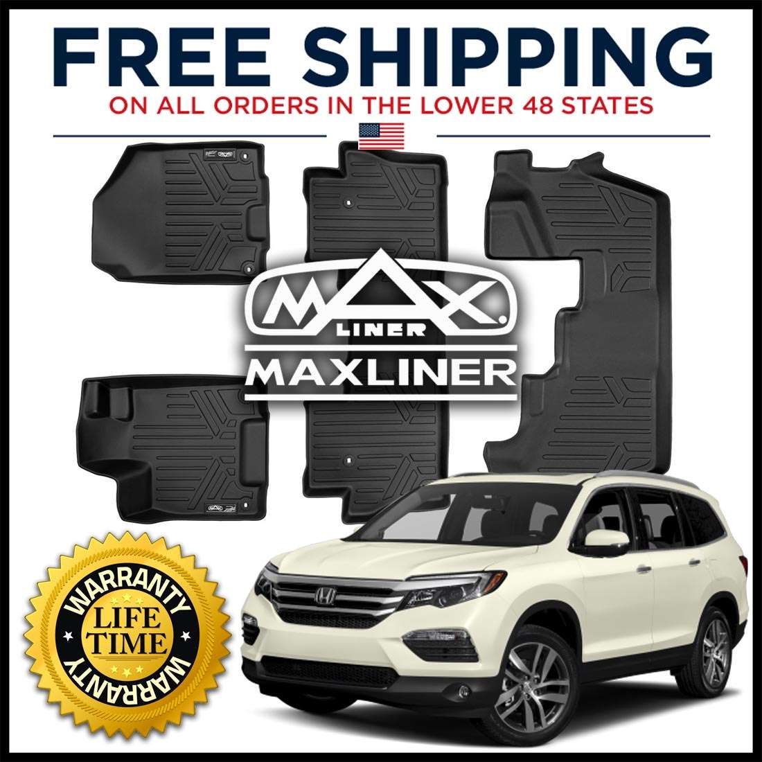 MaxLiner 1st 2nd & 3rd Row Floor Mats Set Black for 20162020 Honda Pilot Mariner Auctions