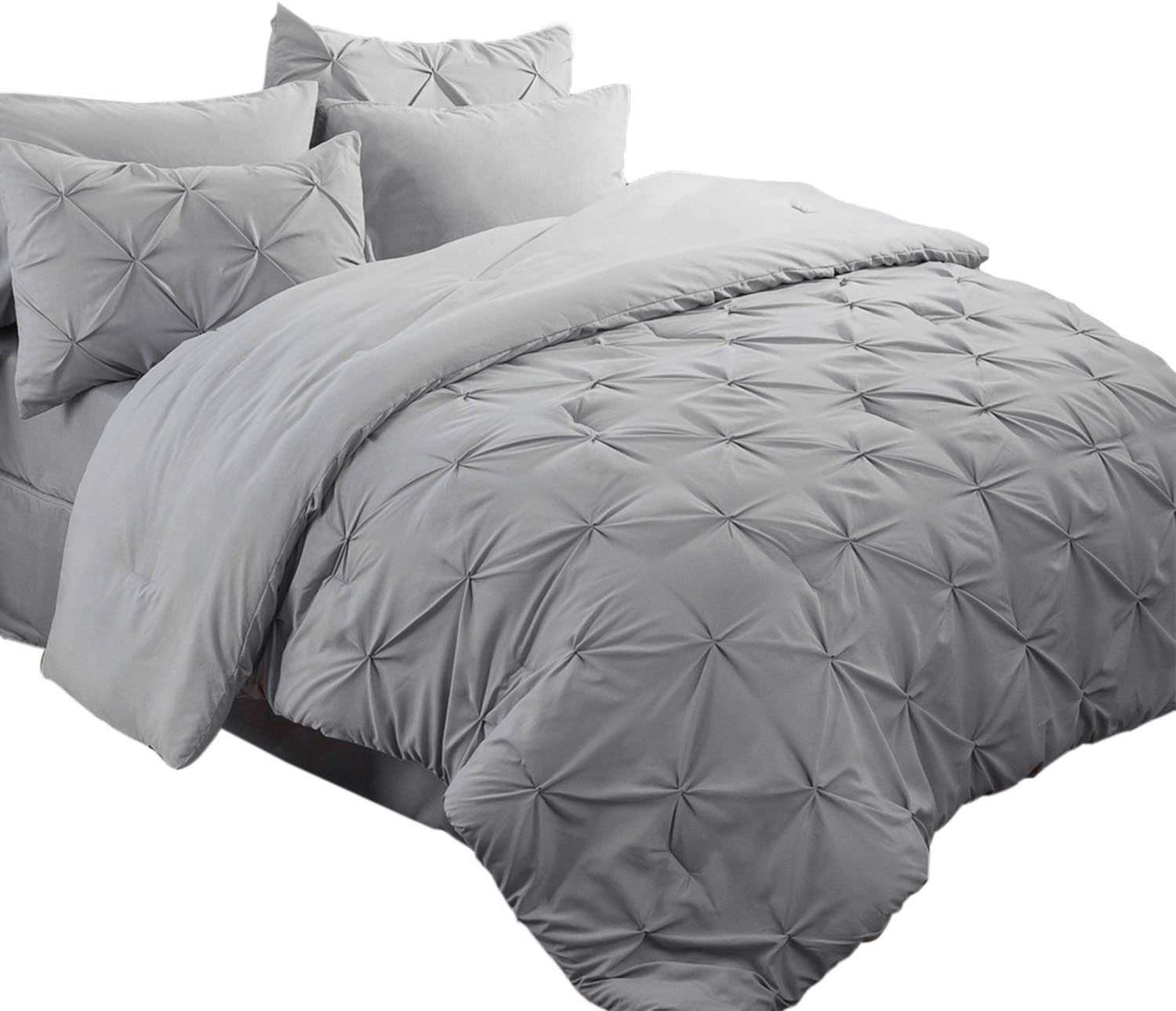 Bedsure Bed in a Bag Queen Size Grey 8 Pieces 88x88 Pintuck Bedding