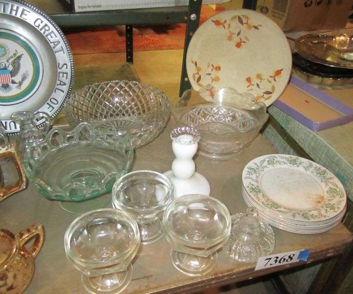 Green dep. bowl, Jewel Tea cake plate, gold tea set, etc. Mark Van