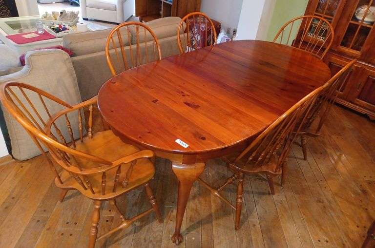 Pine oval dining table with one leaf and six chairs, Mark Van Hook, Auctioneer