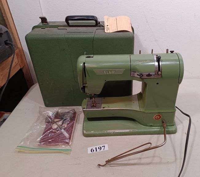 Vintage Elna supermatic sewing machine with manual and attachments in metal case Mark Van Hook