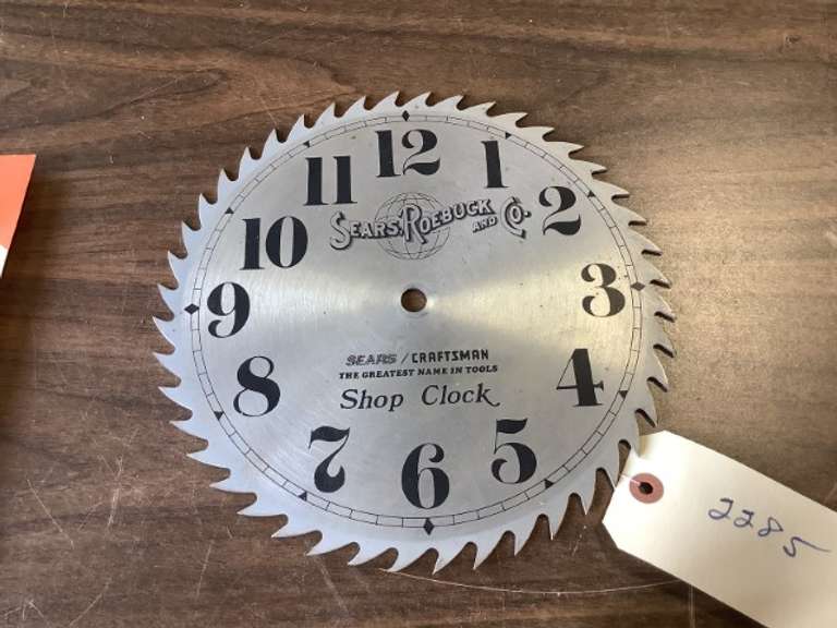 Sears & Roebuck shop clock face made from a saw blade.