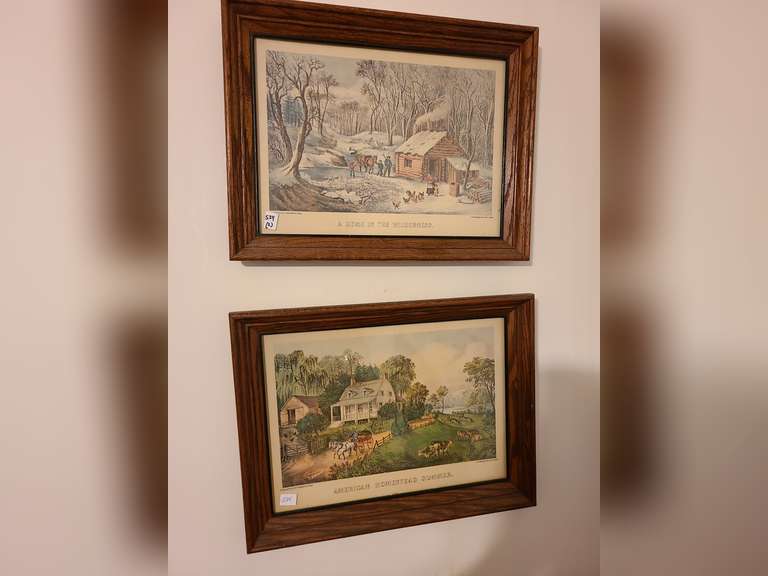 Framed Currier and Ives prints 16x13in